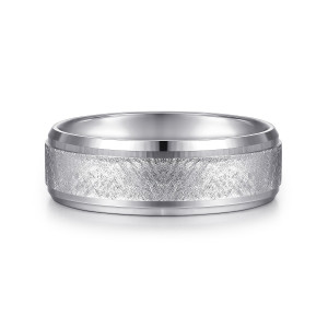 Gabriel & Co. MBM0152-70W4JJJ 14 karat white gold Signature men's wedding band, front view of the crosshatch textured center and angled polished strips along both edges