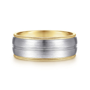 Gabriel & Co. MBM0153-80M4JJJ 14 karat white and yellow gold Signature men's wedding band, front view of the satin face with its center groove between two beaded edges