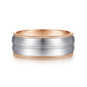 Gabriel & Co. MBM0153-80T4JJJ 14 karat white and rose gold Signature men's wedding band, front view of a brushed face with a groove down the center between beaded edges
