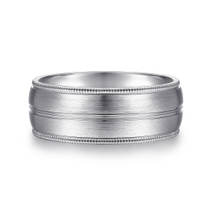 Gabriel & Co. MBM0153-80W4JJJ 14 karat white gold Signature men's wedding band, front view of a satin face with a center groove and beaded edges