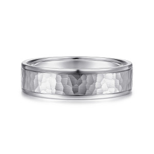 Gabriel & Co. MBM0157-60W4JJJ 14 karat white gold Classic men's wedding band, front view of the hammered center panel between two smooth polished rims