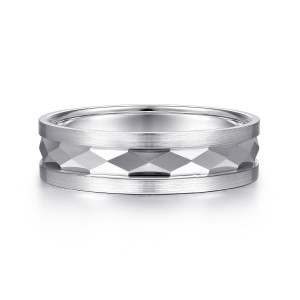 Gabriel & Co. MBM0158-60W4JJJ 14 karat white gold Signature men's wedding band, front view of polished lozenge facets sunk between two brushed satin rails