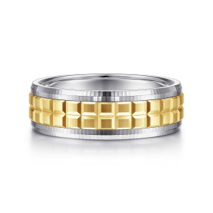 Gabriel & Co. MBM0162-70M4JJJ 14 karat white and yellow gold Exclusive men's wedding band, front view of the faceted square blocks in two rows between sloped, finely ridged edge bands