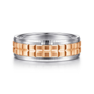 Gabriel & Co. MBM0162-70T4JJJ 14 karat white and rose gold Exclusive men's wedding band, front view of the stepped square facets in two rows between ridged beveled rims