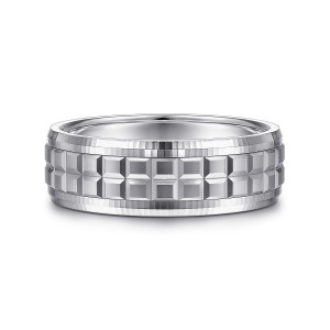Gabriel & Co. MBM0162-70W4JJJ 14 karat white gold Exclusive men's wedding band, front view of a studded center with ridged beveled edges along both sides
