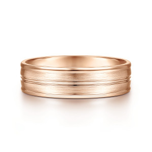 Gabriel & Co. MBM0165-60K4JJJ 14 karat rose gold Classic men's wedding band, front view of the satin face divided by a narrow groove between polished rims