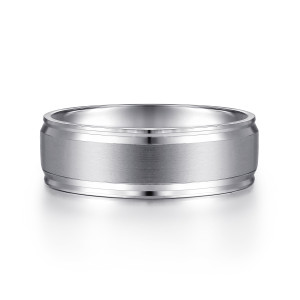 Gabriel & Co. MBM0172-70W4JJJ 14 karat white gold Signature men's wedding band, front view of a smooth satin panel between two polished edge steps