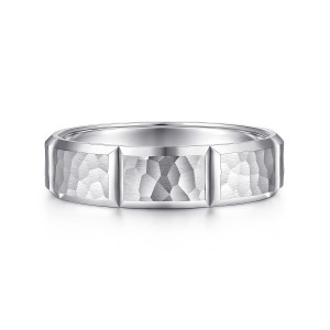 Gabriel & Co. MBM0175-60W4JJJ 14 karat white gold Classic men's wedding band, front view of dimpled hammered panels divided by raised polished ridges and bevels