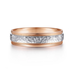 Gabriel & Co. MBM0176-60T4JJJ 14 karat white and rose gold Signature men's wedding band, front view of the hammered center panel framed by beaded borders and smooth rounded rails