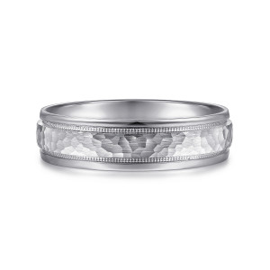 Gabriel & Co. MBM0176-60W4JJJ 14 karat white gold Signature men's wedding band, front view of the hammered strip bordered by two rows of tiny beads