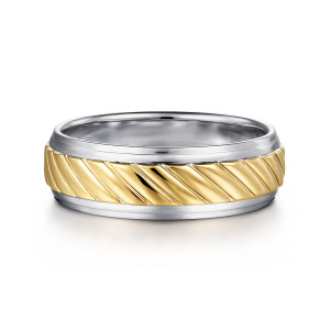 Gabriel & Co. MBM0206-70M4JJJ 14 karat white and yellow gold Exclusive men's wedding band, front view of slanted glossy ridges in the warmer center strip between stepped smooth rims