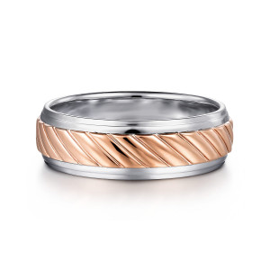 Gabriel & Co. MBM0206-70T4JJJ 14 karat white and rose gold Exclusive men's wedding band, front view of slanted ribs across the center between two stepped polished rails