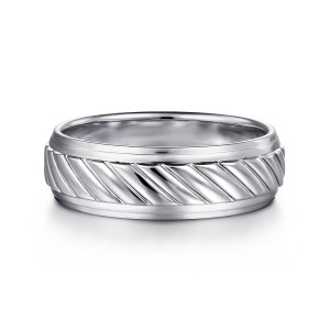Gabriel & Co. MBM0206-70W4JJJ 14 karat white gold Exclusive men's wedding band, front view of a polished band with slanted rounded ribs across the raised center