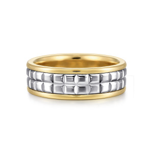 Gabriel & Co. MBM0207-70M4JJJ 14 karat white and yellow gold Exclusive men's wedding band, front view of two rows of raised square blocks between smooth polished rims
