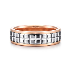 Gabriel & Co. MBM0207-70T4JJJ 14 karat white and rose gold Exclusive men's wedding band, front view of two rows of polished square blocks between smooth warm rims