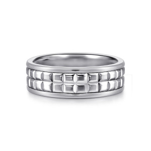 Gabriel & Co. MBM0207-70W4JJJ 14 karat white gold Exclusive men's wedding band, front view of raised square studs in side by side rows between rounded polished rims