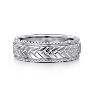 Gabriel & Co. MBM0208-70W4JJJ 14 karat white gold Exclusive men's wedding band, front view of the herringbone blocks meeting at a center seam between beaded lines