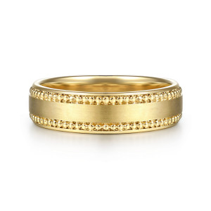 Gabriel & Co. MBM0236-60Y4JJJ 14 karat yellow gold Classic men's wedding band, front view of the smooth satin center with a row of round beads along each side