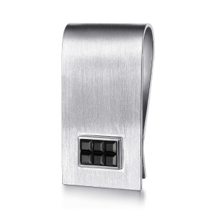 Gabriel & Co. MC46TVJJJ Titanium and sterling silver Geo men's money clip, angled view of the brushed face and the curved fold leading to the polished inner side