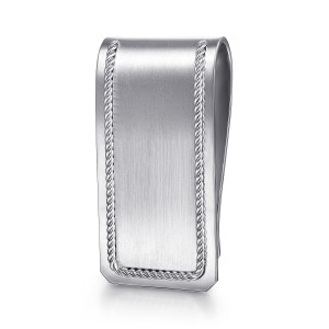 Gabriel & Co. MC47SVJJJ sterling silver Hampton men's money clip, front view of the brushed panel framed by a twisted rope border and the folded edge