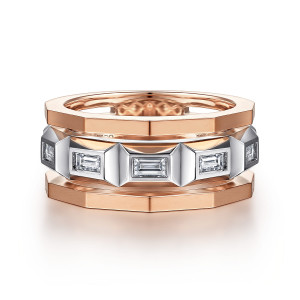 Gabriel & Co. MR15494T43JJ 14 karat white and rose gold Geo men's ring, front view of baguette diamonds in rectangular bezels between two angular rails