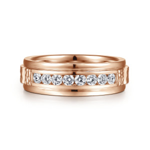 Gabriel & Co. MR15508K44JJ 14 karat rose gold Monument men's wedding ring, front view of eight round diamonds in a straight walled channel with hammered ends