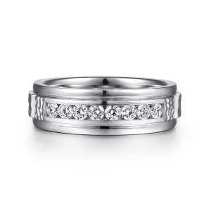 Gabriel & Co. MR15508W44JJ 14 karat white gold Monument men's wedding ring, front view of the round diamonds in the recessed channel between polished raised rims