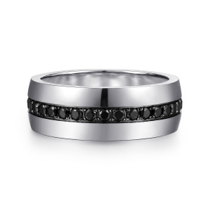 Gabriel & Co. MR15671W4JBD 14 karat white gold Monument men's band, front view of the single line of black round stones between two polished halves