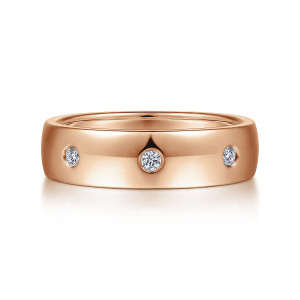Gabriel & Co. MR15672K44JJ 14 karat rose gold Monument men's wedding ring, front view of a smooth polished band with round diamonds in thin bezels