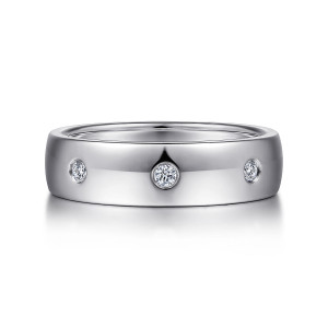 Gabriel & Co. MR15672W44JJ 14 karat white gold Monument men's wedding ring, front view of the mirror polished dome with round stones in tiny bezels spaced across it