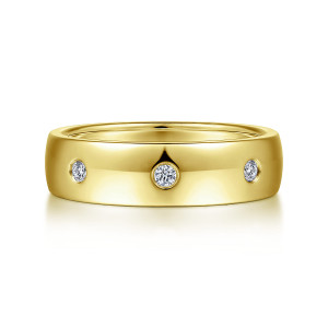 Gabriel & Co. MR15672Y44JJ 14 karat yellow gold Monument men's wedding ring, front view of the polished domed face with round diamonds spaced across it