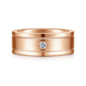 Gabriel & Co. MR15673K44JJ 14 karat rose gold Monument men's wedding ring, front view of the lone round diamond in the brushed panel between two beaded borders
