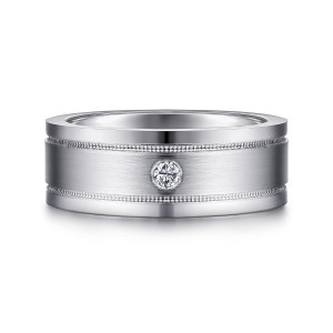Gabriel & Co. MR15673W44JJ 14 karat white gold Monument men's wedding ring, front view of a brushed center panel with beaded borders and one round stone