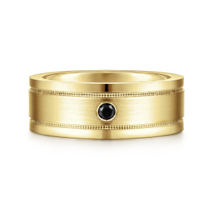 Gabriel & Co. MR15673Y4JBD 14 karat yellow gold Monument men's wedding ring, front view of the brushed panel with its lone black stone between beaded lines