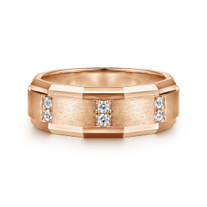 Gabriel & Co. MR15674K44JJ 14 karat rose gold Monument men's wedding ring, front view of the satin strip with pairs of small diamonds between polished beveled rims