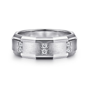 Gabriel & Co. MR15674W44JJ 14 karat white gold Monument men's ring, front view of the brushed center strip crossed by paired colorless stones between faceted bevels