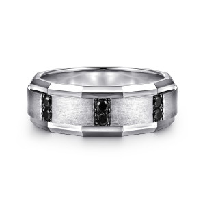 Gabriel & Co. MR15674W4JBD 14 karat white gold Monument men's ring, front view of brushed satin panels with pairs of black stones between polished notched edges