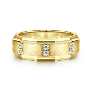 Gabriel & Co. MR15674Y44JJ 14 karat yellow gold Monument men's wedding ring, front view of pairs of round diamonds in short blocks across the satin face