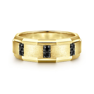 Gabriel & Co. MR15674Y4JBD 14 karat yellow gold Monument men's wedding ring, front view of paired black stones in dark settings across the brushed face