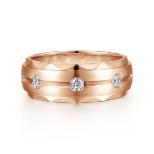 Gabriel & Co. MR15675K44JJ 14 karat rose gold Monument men's wedding ring, front view of a brushed band with a polished center groove and round stones