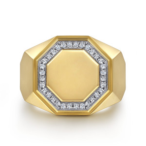 Gabriel & Co. MR20016Y45JJ 14 karat yellow gold Geo men's ring, front view of the plain polished octagon plate inside its thin diamond frame