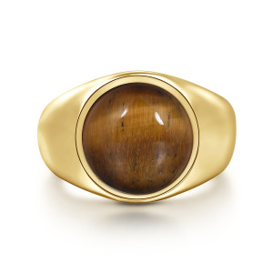 Gabriel & Co. MR20018Y4JTE 14 karat yellow gold Contemporary men's signet ring, front view of the round streaked brown cabochon in a thin rim on a polished band