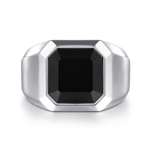 Gabriel & Co. MR20028SVJOX sterling silver Geo men's signet ring, front view of the signet face with the clipped corner black stone set flush between beveled shoulders