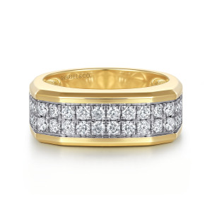 Gabriel & Co. MR20029Y45JJ 14 karat yellow gold Monument men's ring, front view of the round diamonds in two tight rows between polished rails
