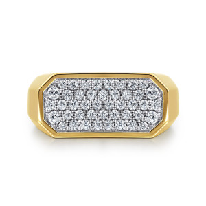 Gabriel & Co. MR20030Y45JJ 14 karat yellow gold Monument men's ring, front view of the long clipped corner face filled with small diamonds inside a thin border