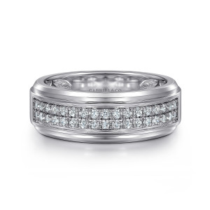 Gabriel & Co. MR20043W44JJ 14 karat white gold Monument men's wedding ring, front view of the diamond channel between stepped polished edges with a maker's mark inside