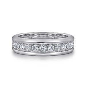 Gabriel & Co. MR20045W44JJ 14 karat white gold Monument men's band, front view of round colorless stones set close in a sunken track between two raised polished rims