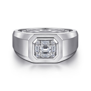 Gabriel & Co. MR20046W44JJ 14 karat white gold Monument men's ring, front view of the octagonal frame holding a step cut center stone ringed by baguettes