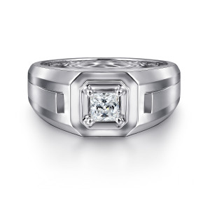 Gabriel & Co. MR20047W44JJ 14 karat white gold Monument men's ring, front view of a square diamond in prongs inside a raised octagonal frame with dark shoulder recesses