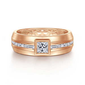 Gabriel & Co. MR20048K44JJ 14 karat rose gold Monument men's ring, front view of the square cut bezel diamond flanked by baguette diamonds laid end to end